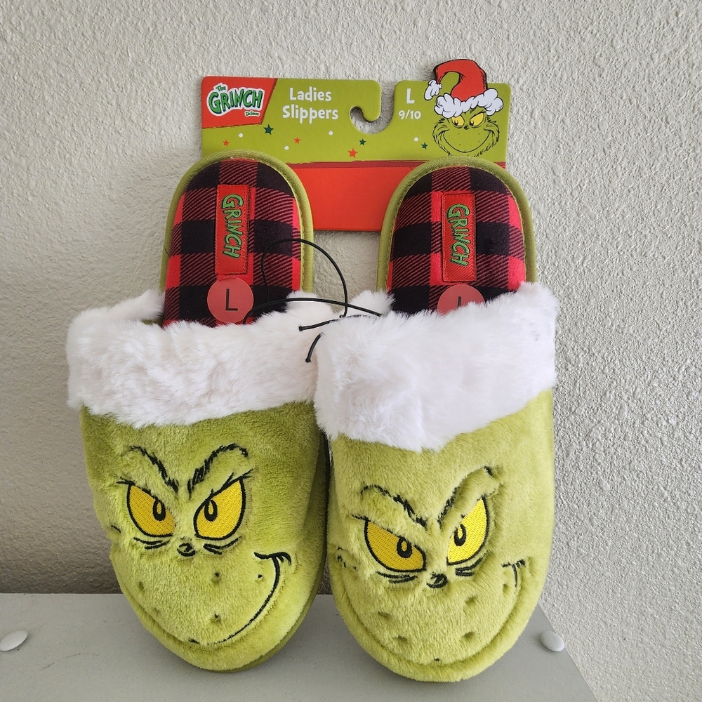 Dr. Seuss Grinch Size Large  09/10 Green Christmas Slippers - Grinch